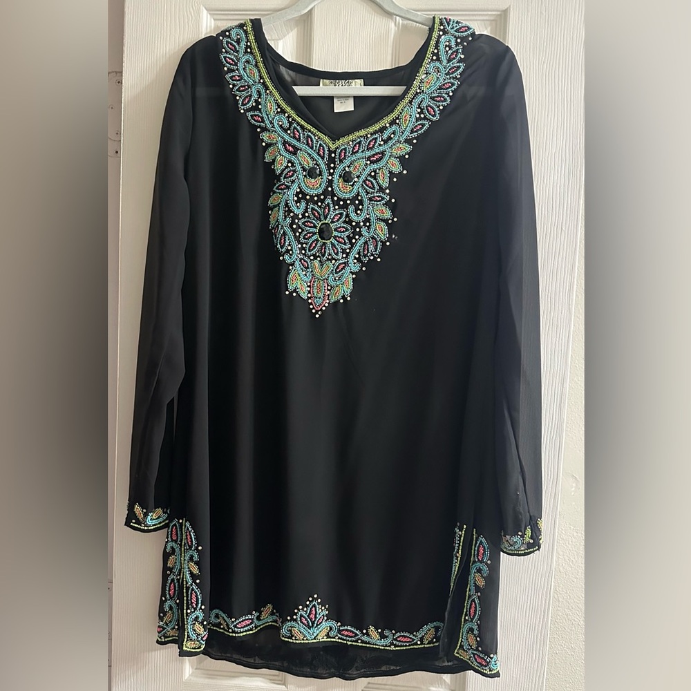 Nouveau Beach Embroidered Black Women's Swim Coverup with Turquoise Accents